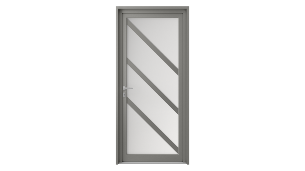 Porte d'entrée parclosé gamme lumière BORA BORA Porte d'entrée grise toute en surface vitrée séparé en 3 partie par des lignes diagonales pleines